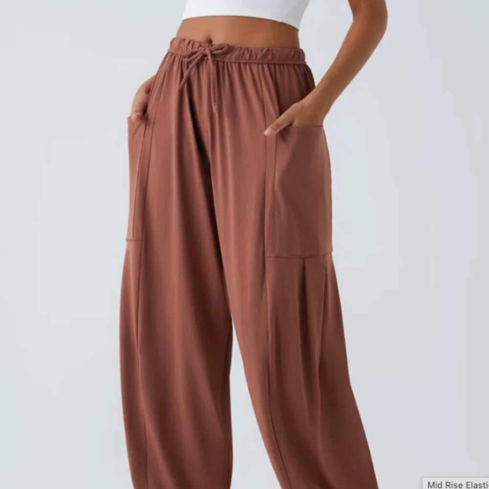 Mid Rise Elastic Waistband Drawstring Side Pocket Palazzo Flowy Wide Leg Casual